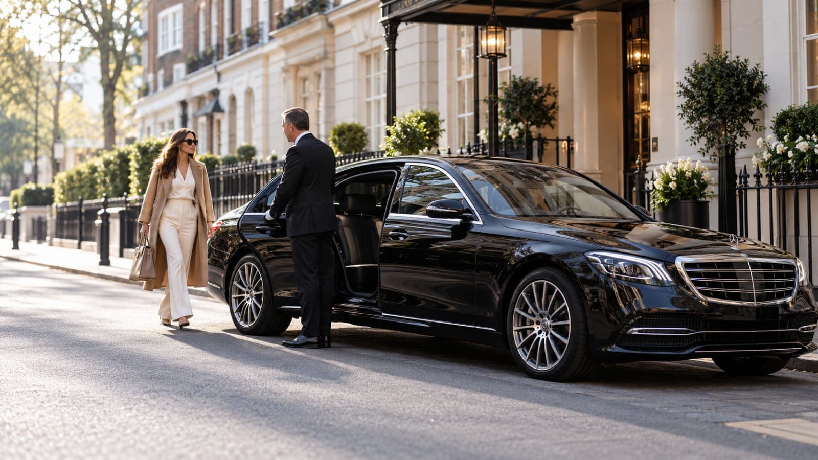 A chauffeur in a dark suit holding the rear door of a black Mercedes-Benz S-Class open for a client outside a white stucco London townhouse