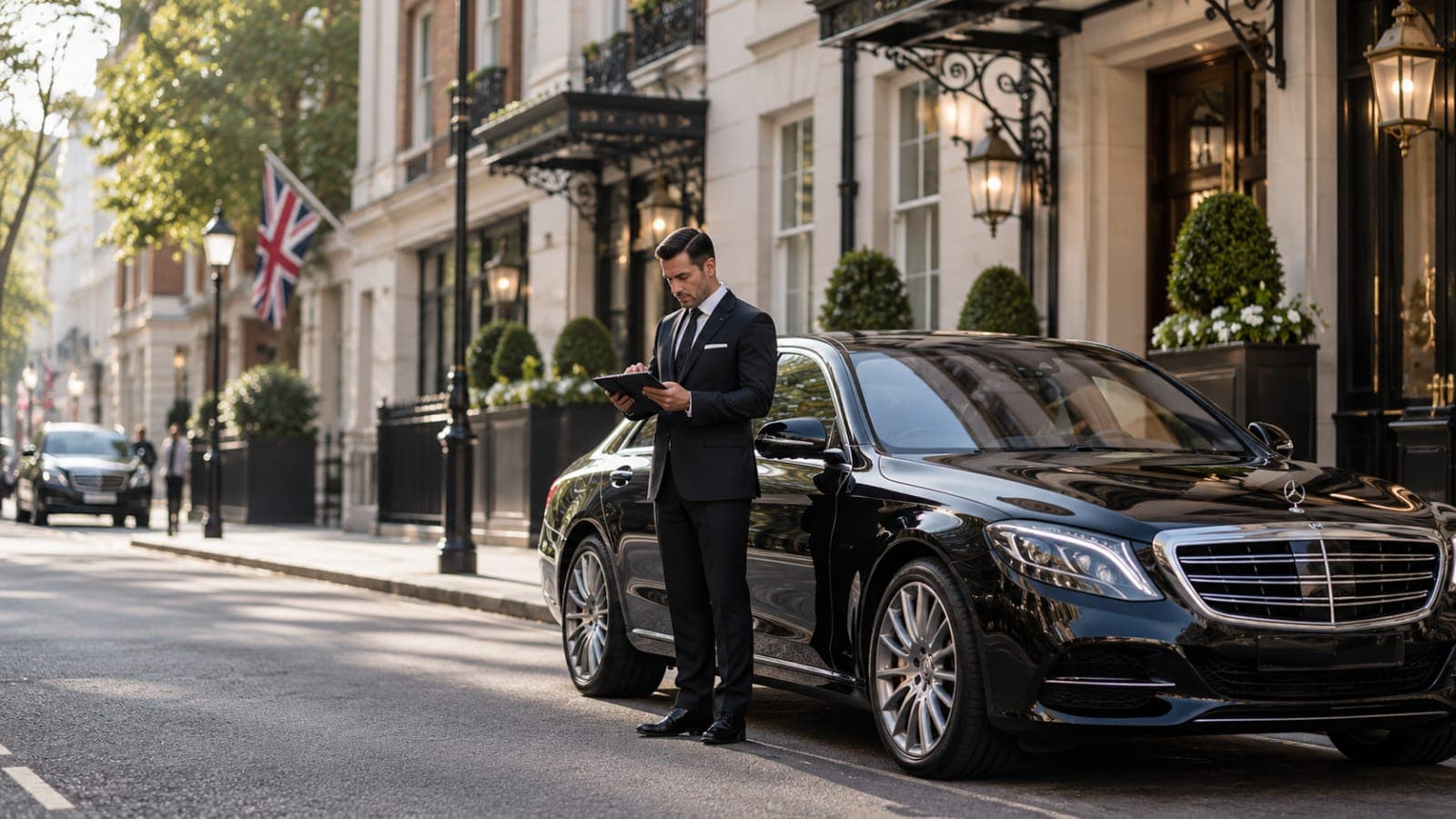 A chauffeur in a dark suit standing beside a black Mercedes-Benz S-Class outside a Mayfair hotel, reading the journey brief on a tablet