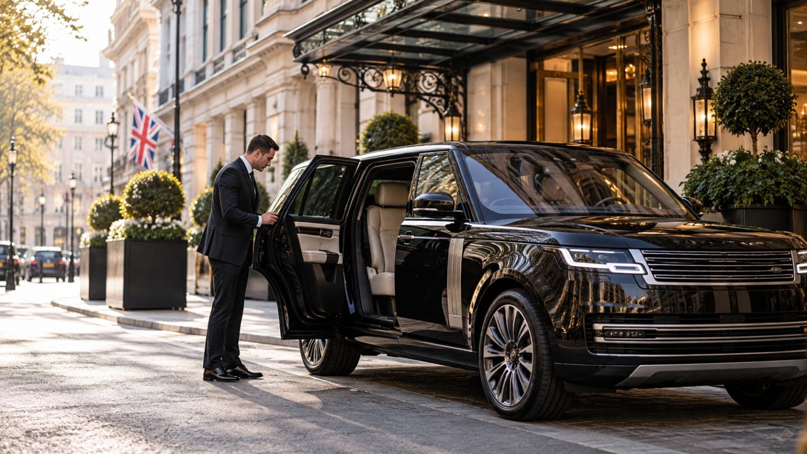 A chauffeur opening the rear door of a black Range Rover under a hotel portico, the cream leather cabin empty and waiting