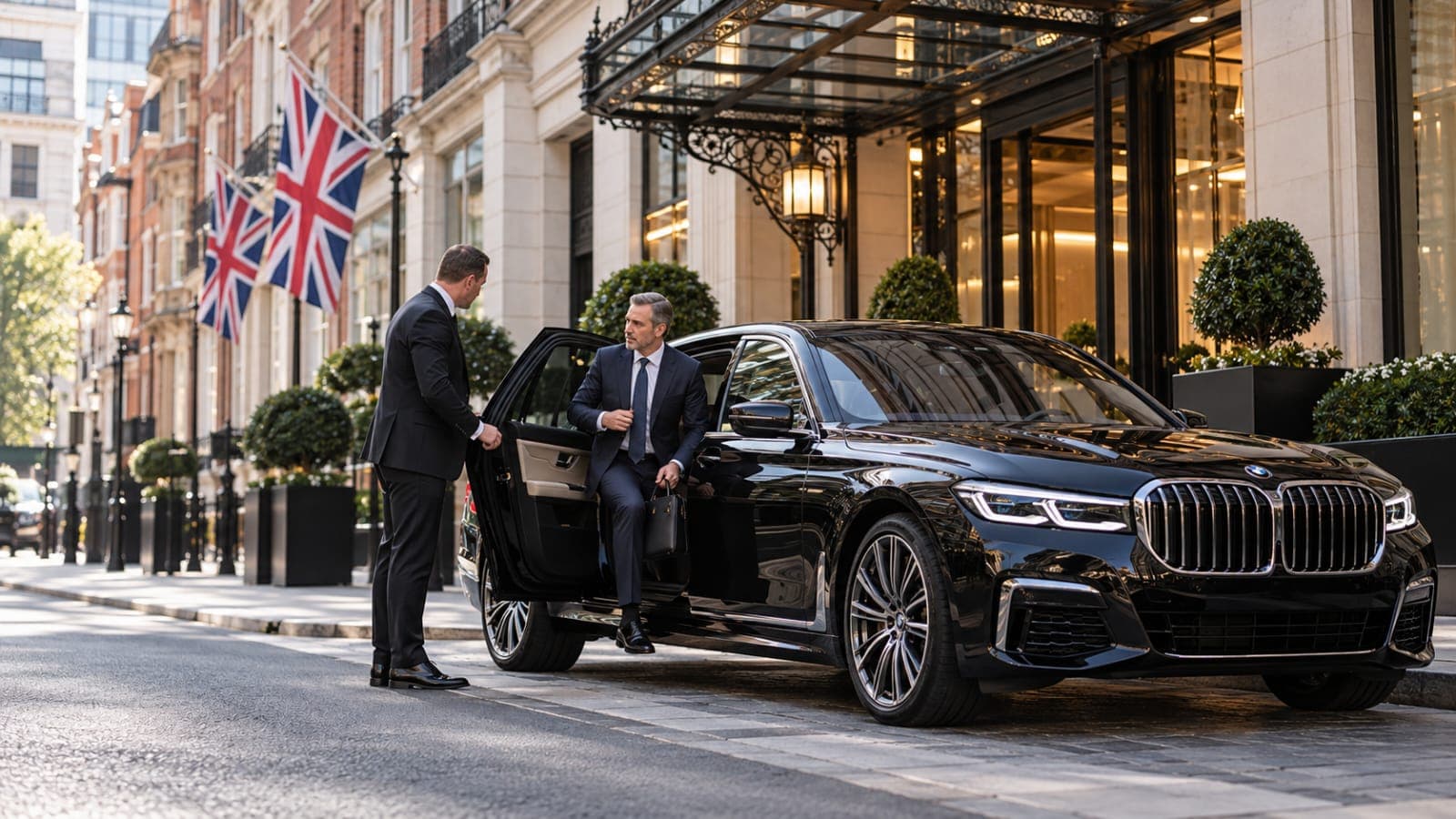 A chauffeur at the open rear door of a black BMW 7 Series as a senior executive steps out with a briefcase outside a London hotel
