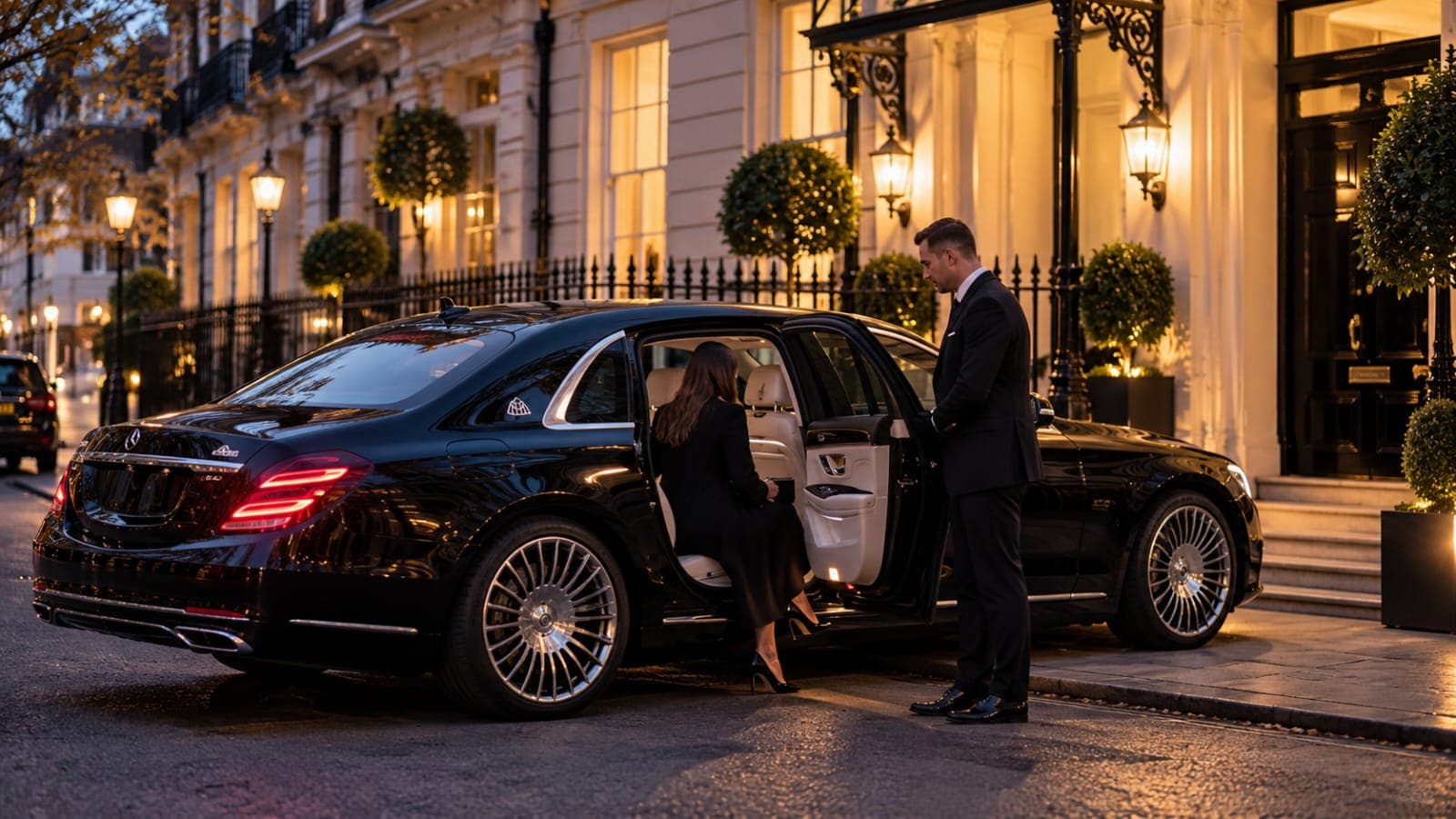 At dusk outside a lit Belgravia townhouse, a chauffeur holds the rear door of a black Mercedes-Maybach as a client takes her seat