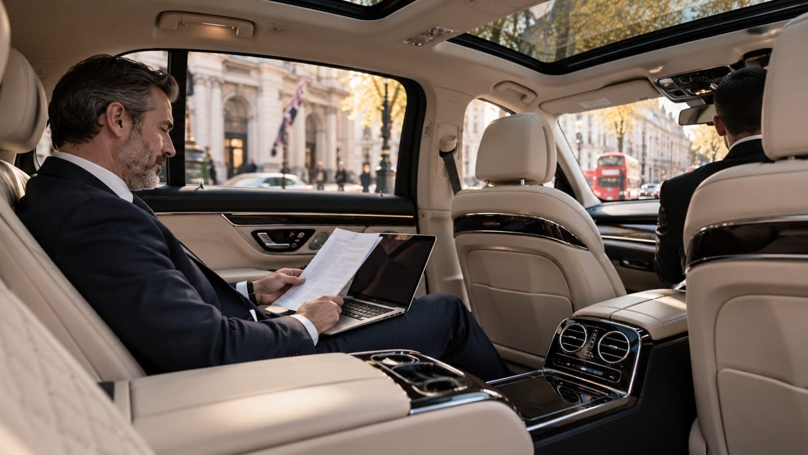 The rear cabin of a chauffeur-driven car in London: a passenger working through papers with a laptop open, the chauffeur at the wheel ahead