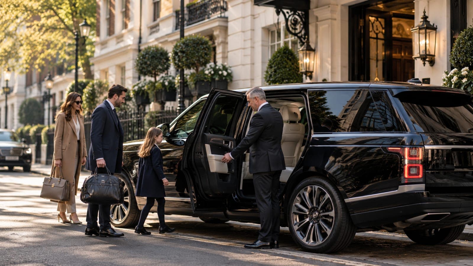 A chauffeur holding the rear door of a black Range Rover open for a family with a young child outside a white stucco London terrace
