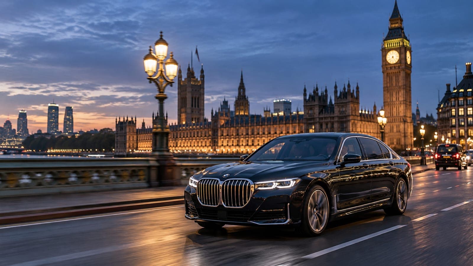 A black BMW 7 Series crossing Westminster Bridge at dusk, the Palace of Westminster and the Elizabeth Tower lit behind