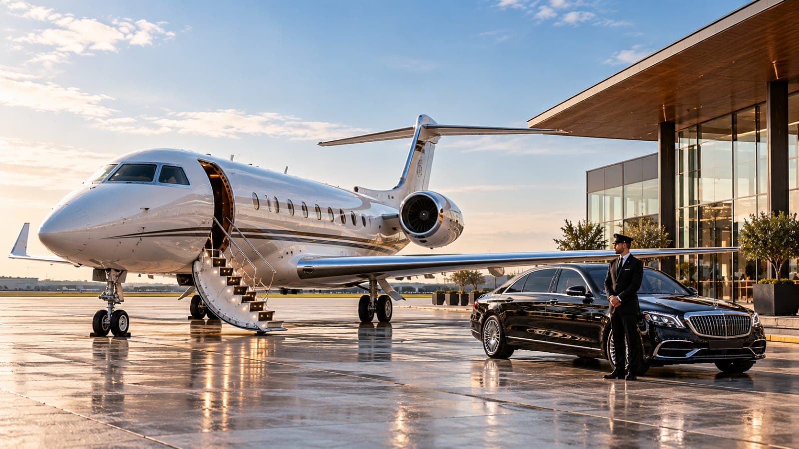 A business jet with its stairs down on the apron at golden hour, a black Mercedes-Maybach and its chauffeur waiting at the private terminal alongside