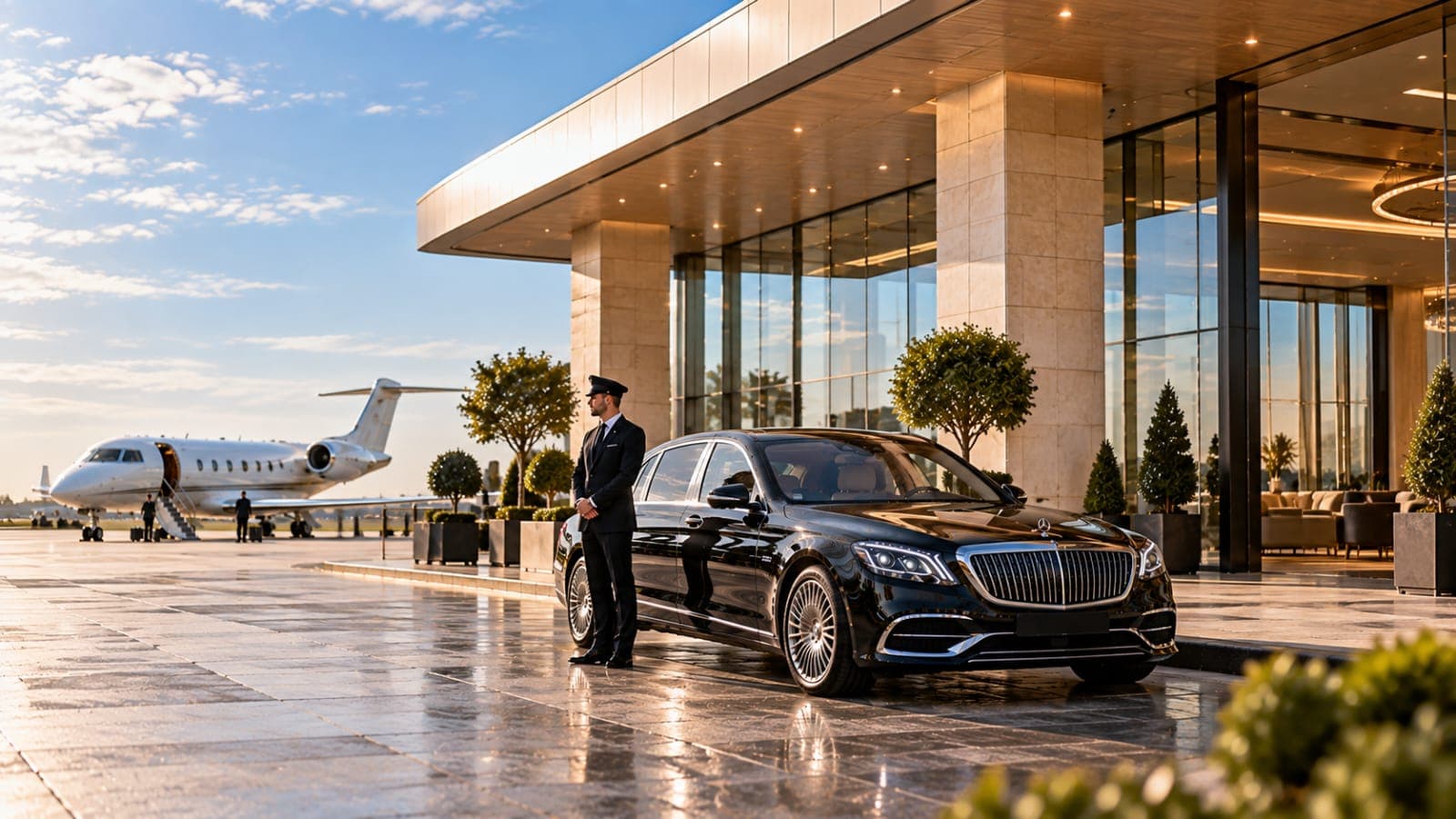 The stone canopy and glass frontage of a private aviation terminal, a black Mercedes-Maybach waiting beneath it with a business jet on the apron behind
