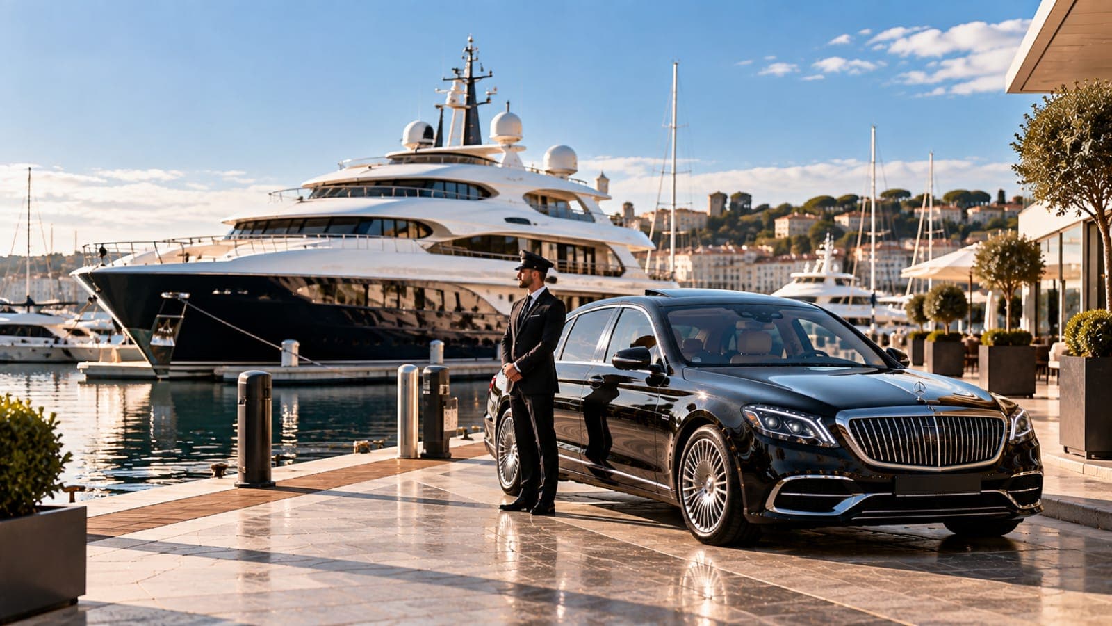 A black Mercedes-Maybach and its chauffeur on a marina quay, a large motor yacht berthed alongside