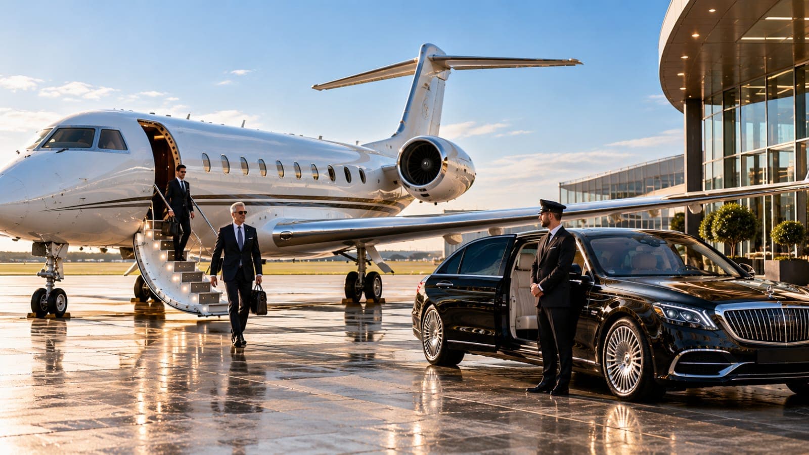Two passengers coming down the steps of a business jet as the chauffeur holds the rear door of a black Mercedes-Maybach parked alongside