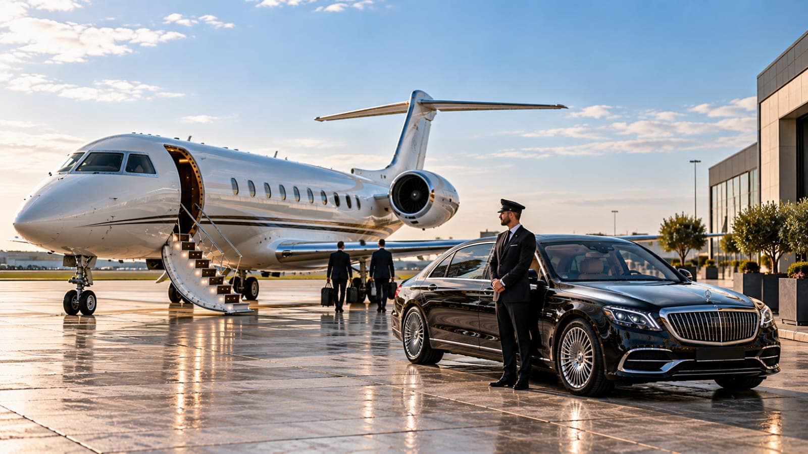 A black Mercedes-Maybach waiting beside a business jet with its stairs down, the chauffeur at the rear door as crew cross the apron with cabin bags