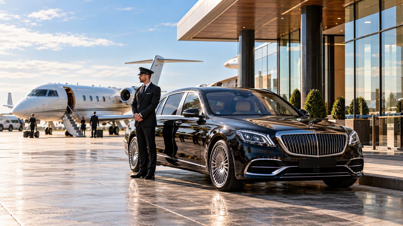A black Mercedes-Maybach beneath the canopy of a private aviation terminal, the chauffeur waiting at the rear wing and a business jet on the apron behind