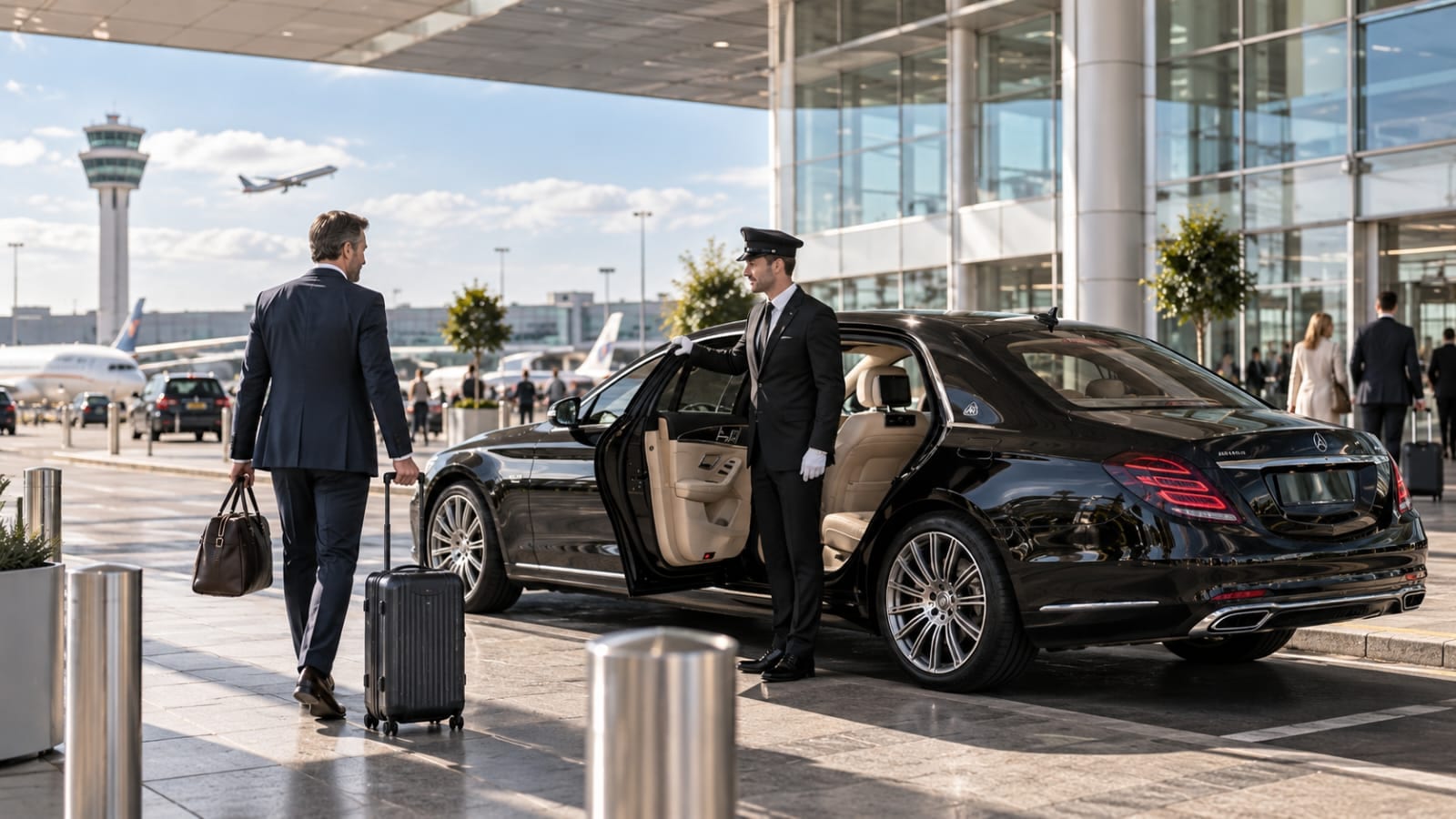 A black chauffeur-driven people carrier on the approach road at Stansted, the tree-column terminal and control tower behind and an aircraft climbing away over open fields