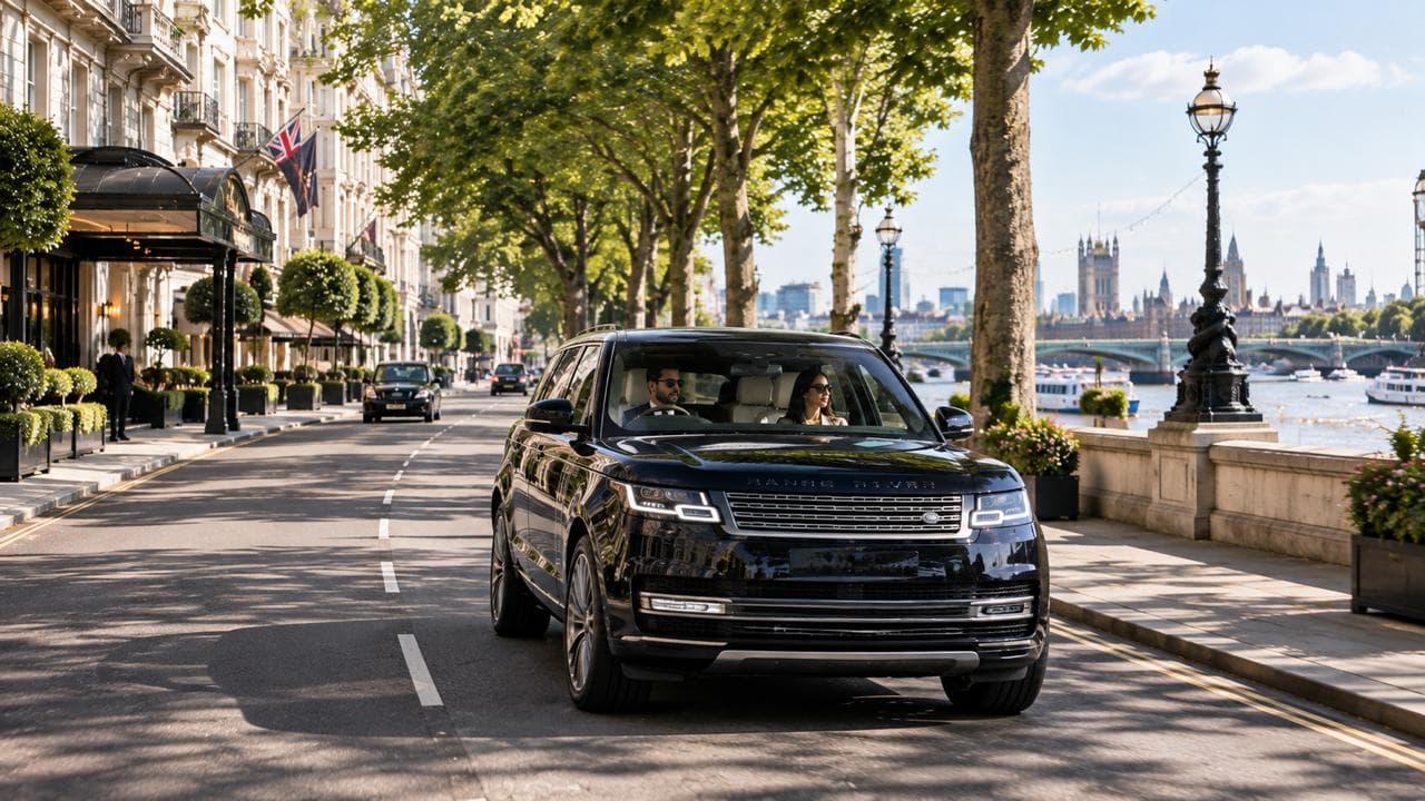 A black Range Rover driving along the Embankment past a hotel entrance, Westminster across the river
