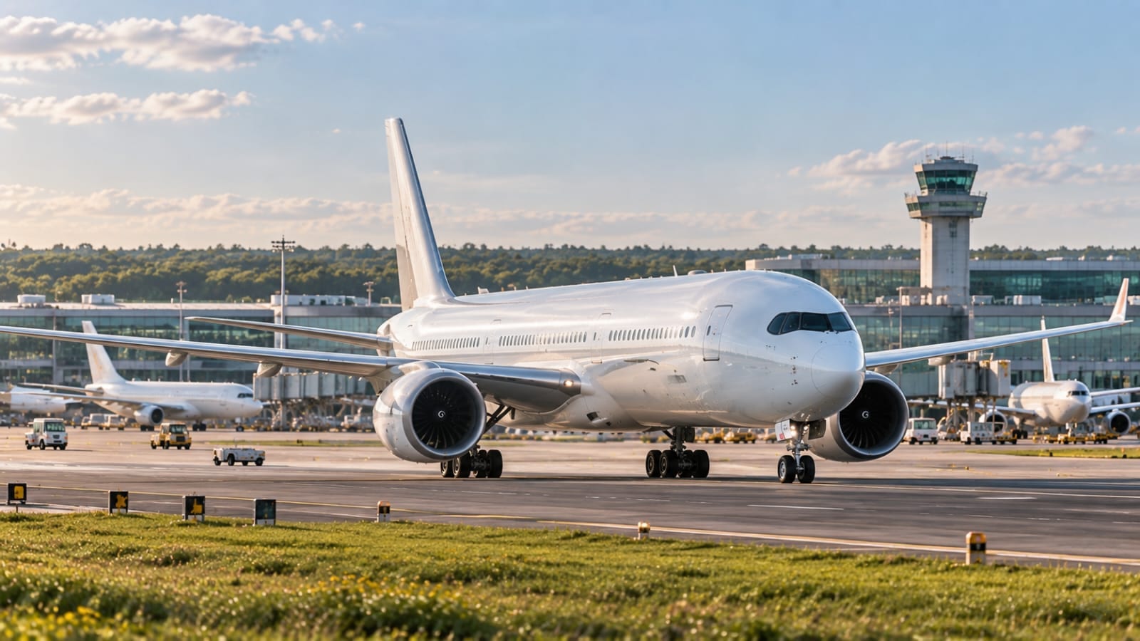 A wide-body aircraft taxiing at Gatwick in the afternoon light, the control tower and terminal behind it