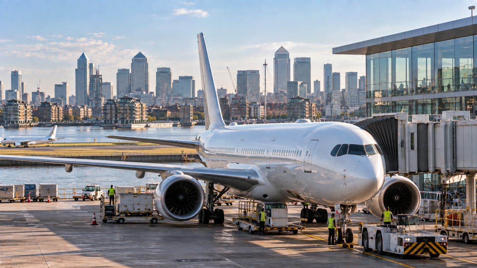 An airliner at the jetbridge on the apron at London City Airport, the towers of Canary Wharf and the Thames directly behind it