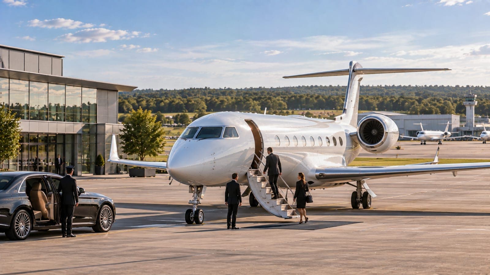 Passengers walking from an aircraft towards a waiting black saloon as the chauffeur holds the rear door open