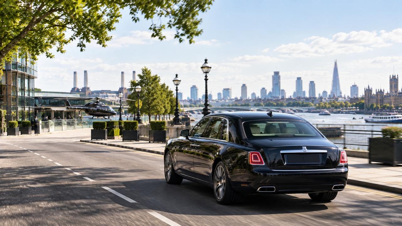 A black Rolls-Royce Ghost on the riverside road at Battersea, the power station and the London skyline beyond