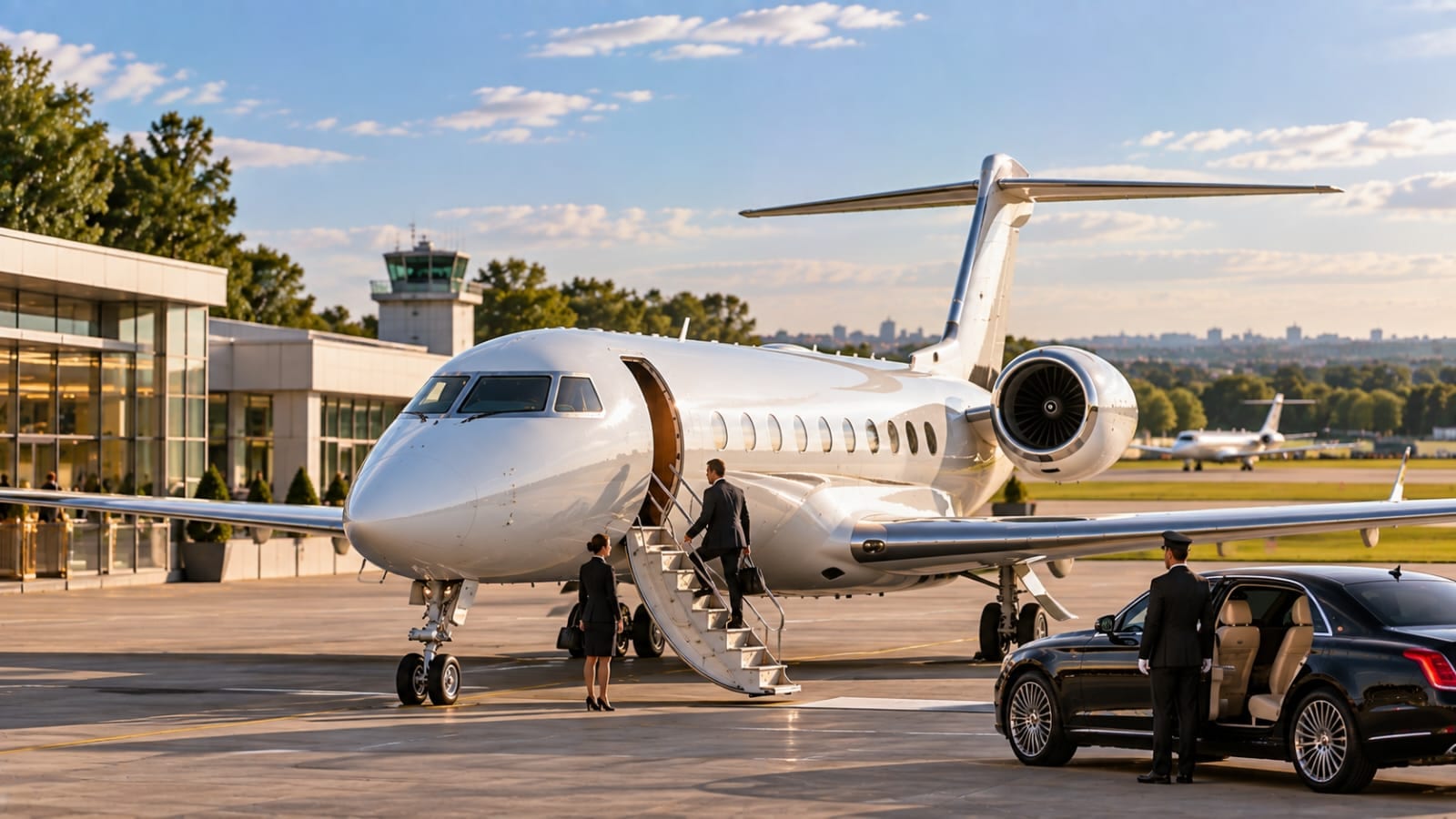 An aircraft on the apron at a private terminal, a chauffeur waiting beside a black saloon as passengers walk across to it