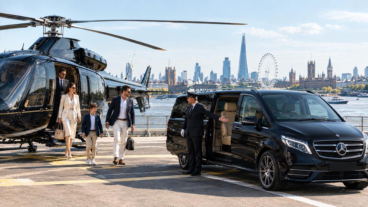 A chauffeur holding the door of a black Mercedes-Benz V-Class for a family beside a helicopter on a riverside pad, the London skyline across the Thames