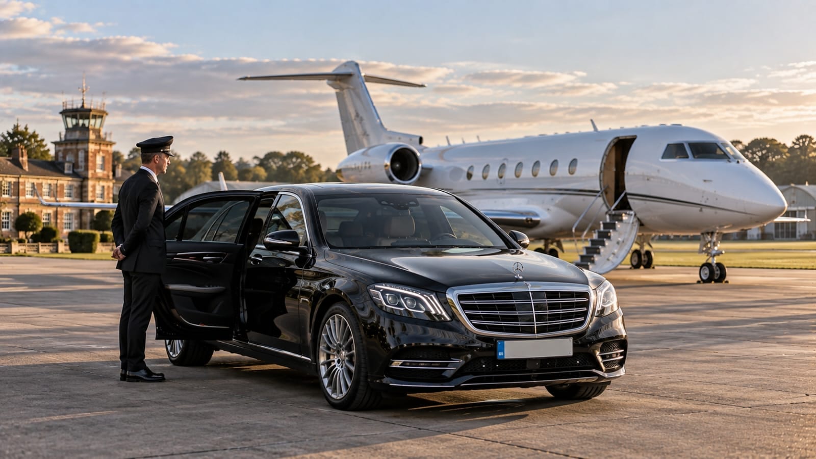 A chauffeur waiting beside a black Mercedes-Benz S-Class on the apron as a business jet stands on the stand behind, the airfield's control tower in the distance