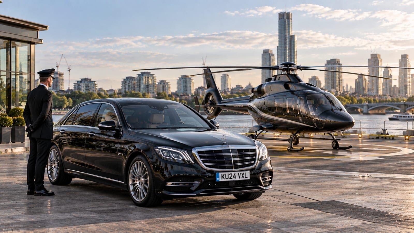 A chauffeur standing beside a black Mercedes-Benz S-Class on a riverside apron, a helicopter alongside and the London skyline behind
