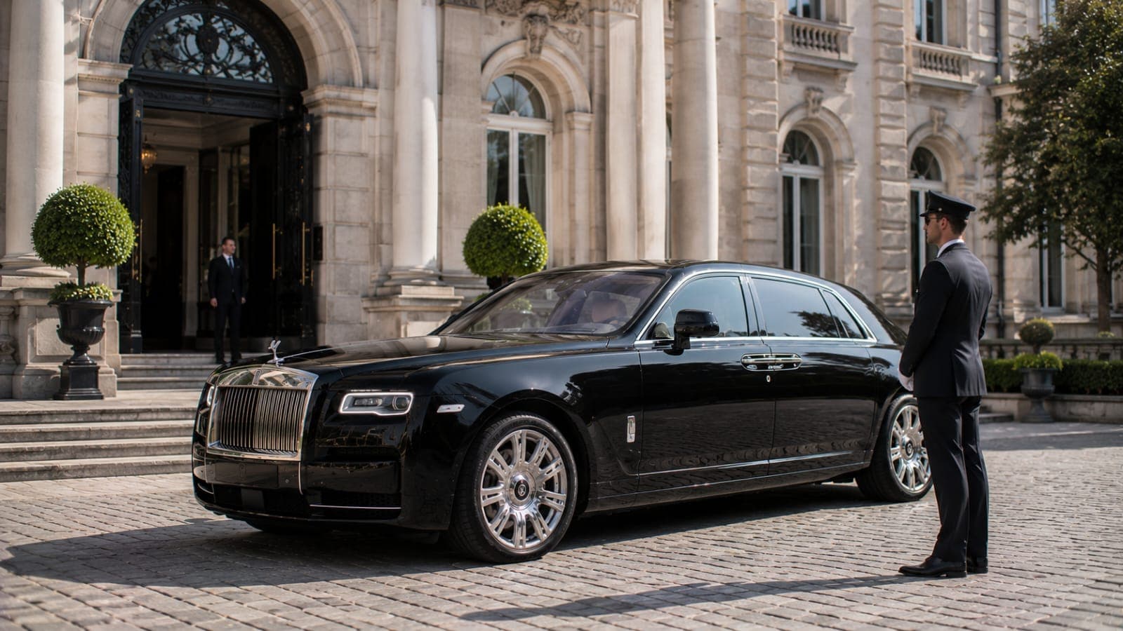 A black Rolls-Royce Ghost at the entrance of a grand hotel, the chauffeur waiting beside the rear door
