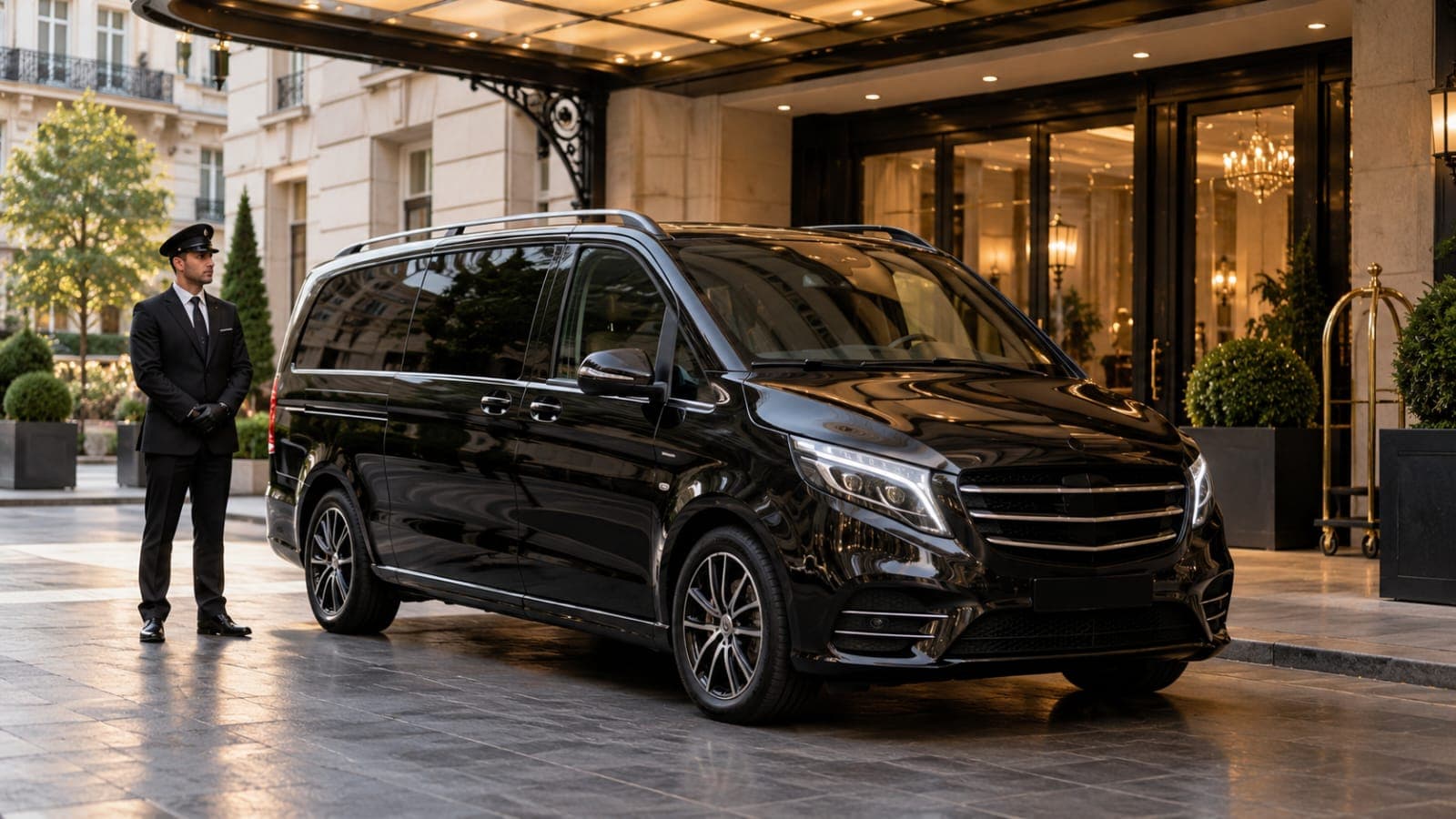 A black V-Class at a hotel entrance with the chauffeur waiting beside it