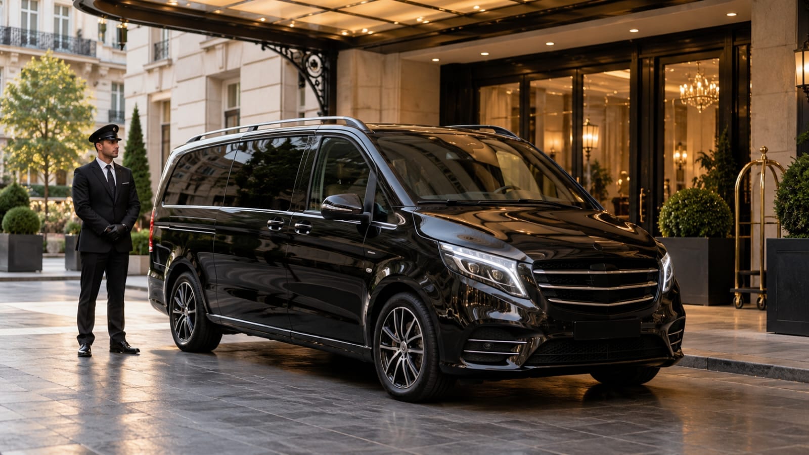 A chauffeur in uniform waiting beside a black Mercedes-Benz V-Class at a lit hotel entrance at dusk