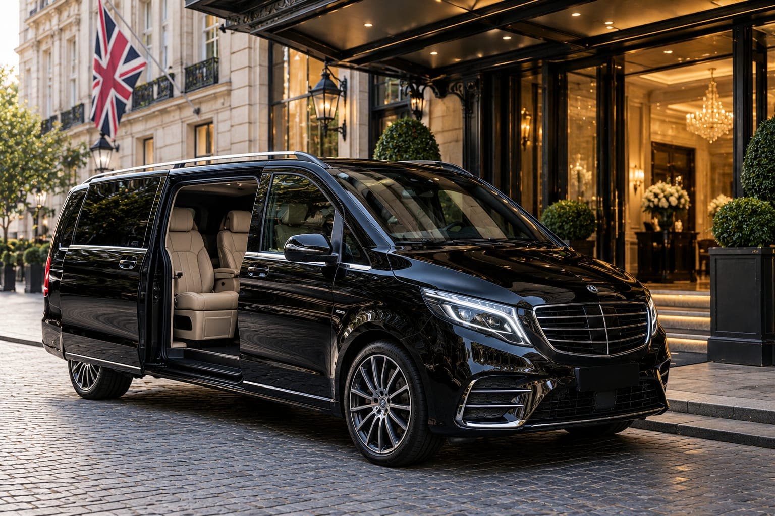 A black Mercedes-Benz V-Class at a hotel entrance with its side door open onto the rear cabin