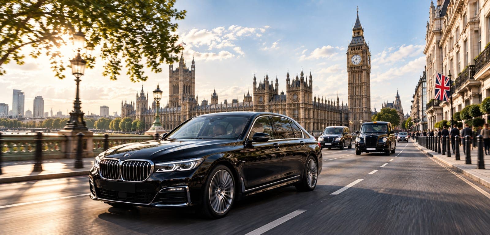 A black BMW 7 Series travelling past the Palace of Westminster at sunrise