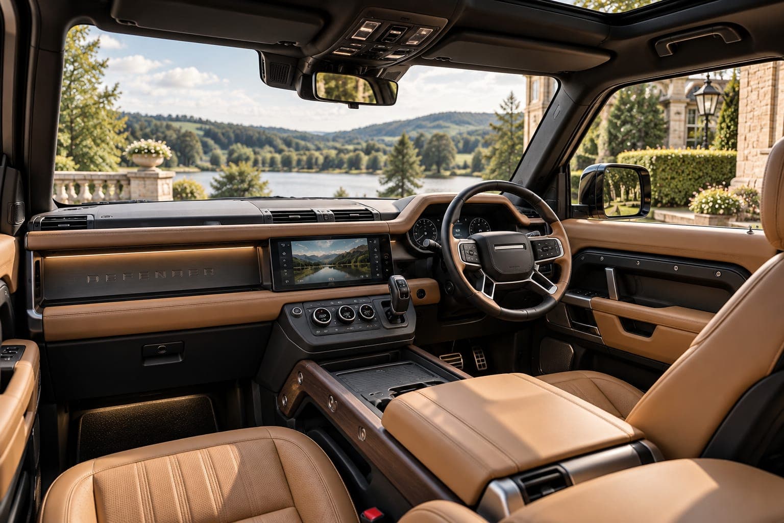 The cabin of a chauffeur-driven Defender, the steering wheel on the right, a lake and a country house through the windscreen