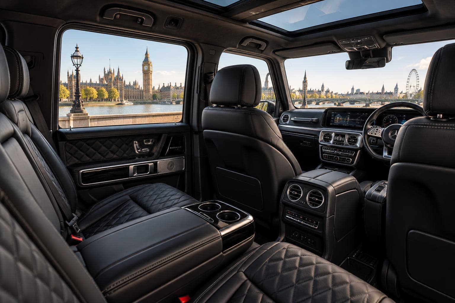 The rear cabin of a chauffeur-driven vehicle in quilted black hide, the steering wheel on the right and a river view through the window