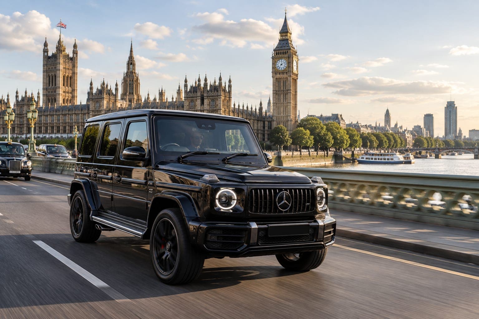 A black G-Class crossing Westminster Bridge, the Houses of Parliament and Big Ben behind