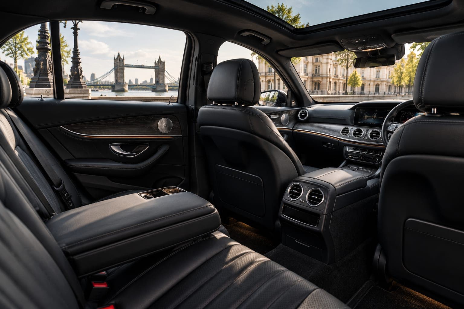 The rear cabin of a black saloon, the steering wheel on the right and Tower Bridge through the window