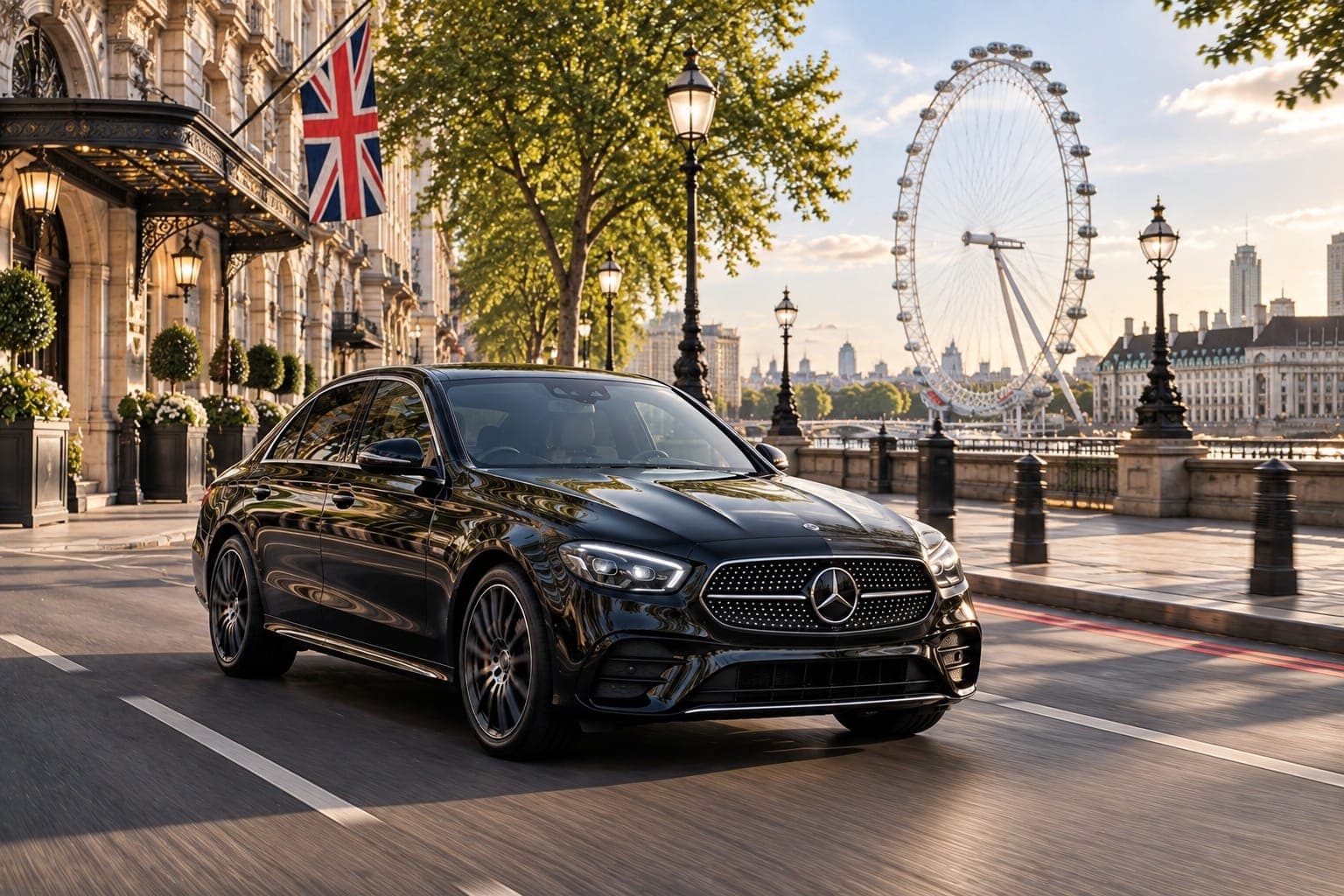 A black saloon on the riverside in the evening light, the London Eye across the water