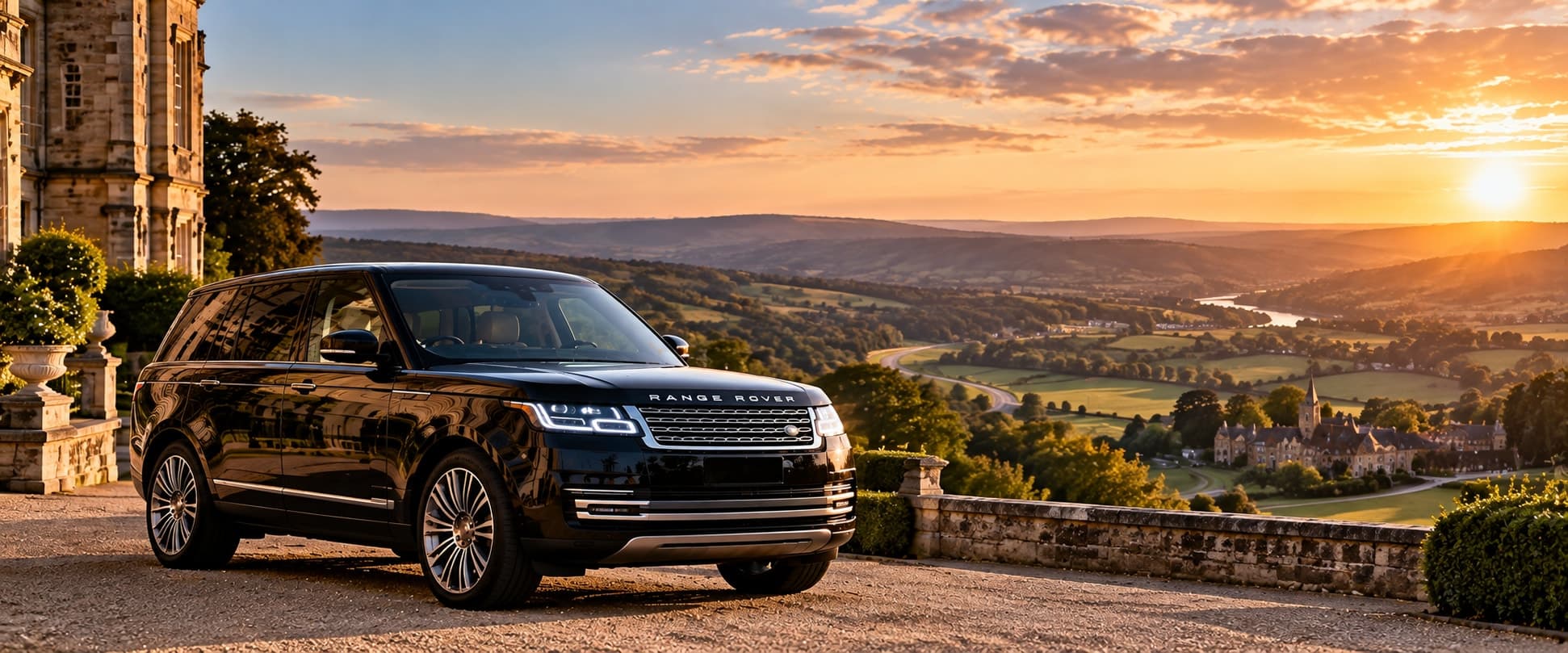 A black chauffeur-driven car and its chauffeur on an open English road at golden hour, every door closed