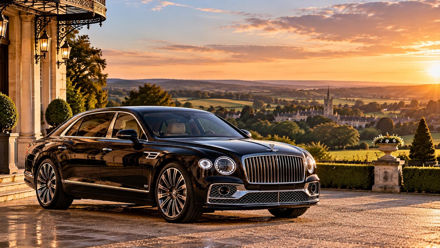 A black chauffeur-driven car at the end of a long-distance journey, every door closed, its chauffeur waiting alongside